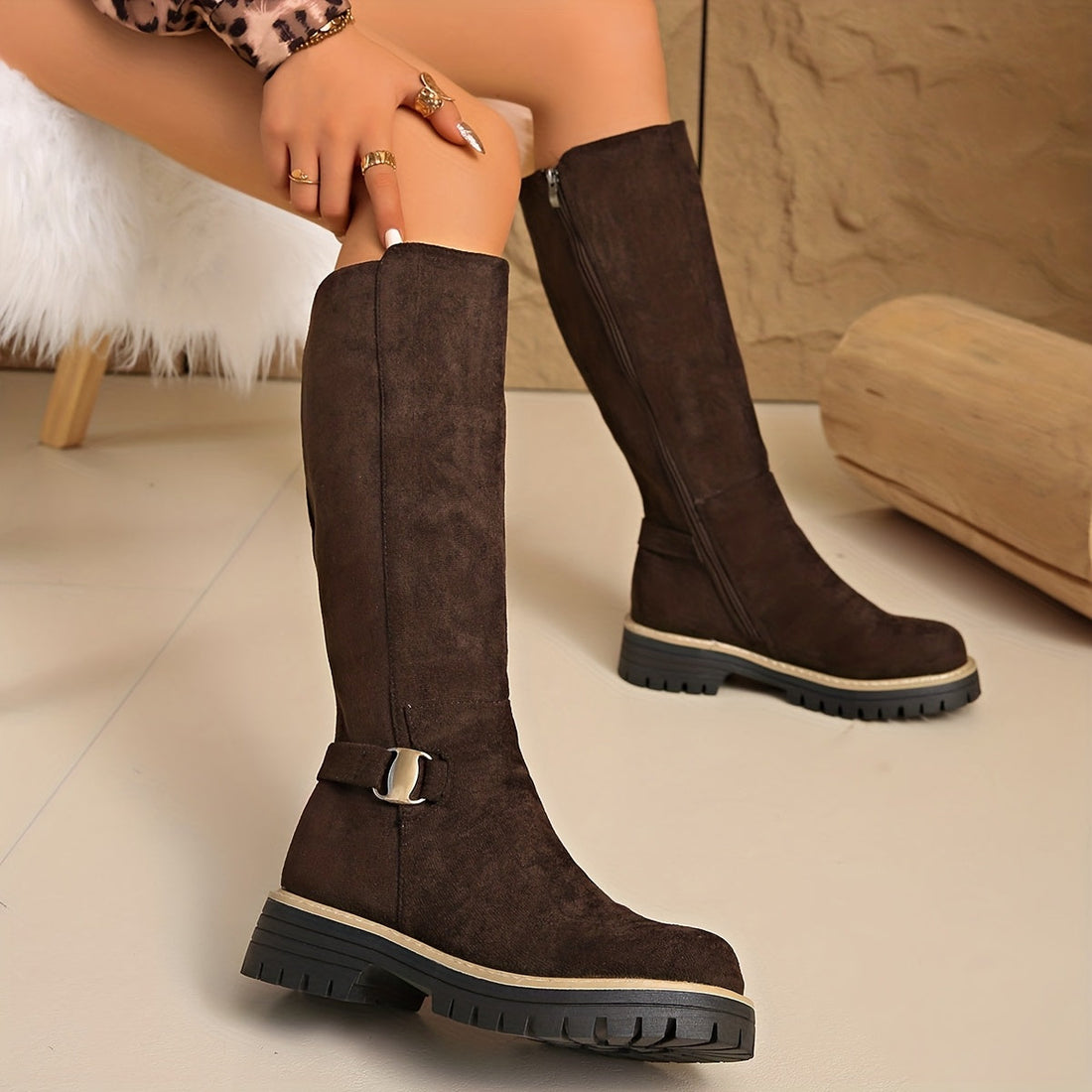 Bottes Hautes Femme – Daim Crantée Boucle Cheville, Aspect Cuir
