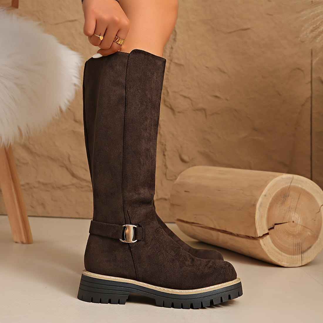 Bottes Hautes Femme – Daim Crantée Boucle Cheville, Aspect Cuir