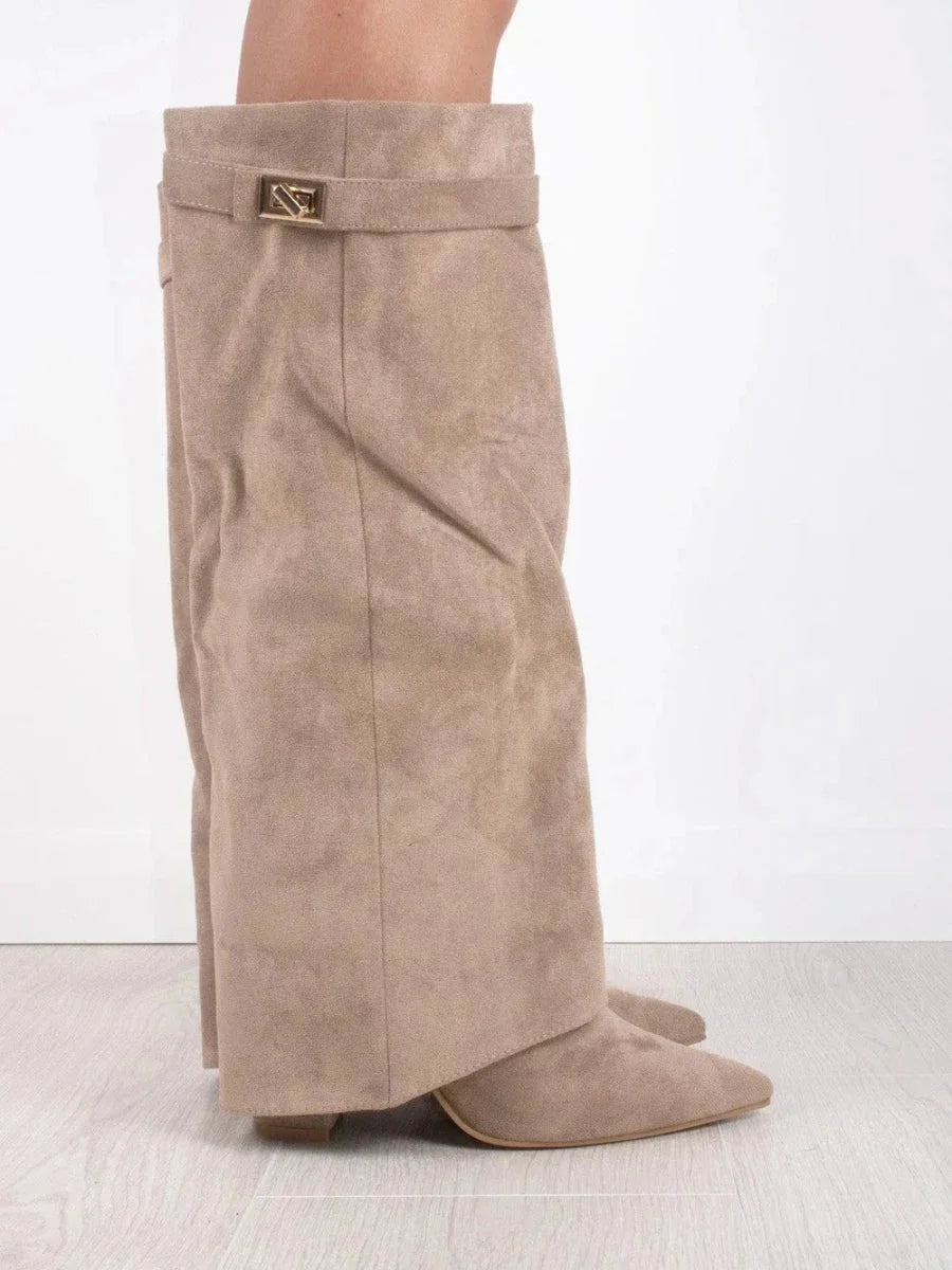 Bottes Hautes Femme – Daim, Détail Métallique Doré Talon Bloc