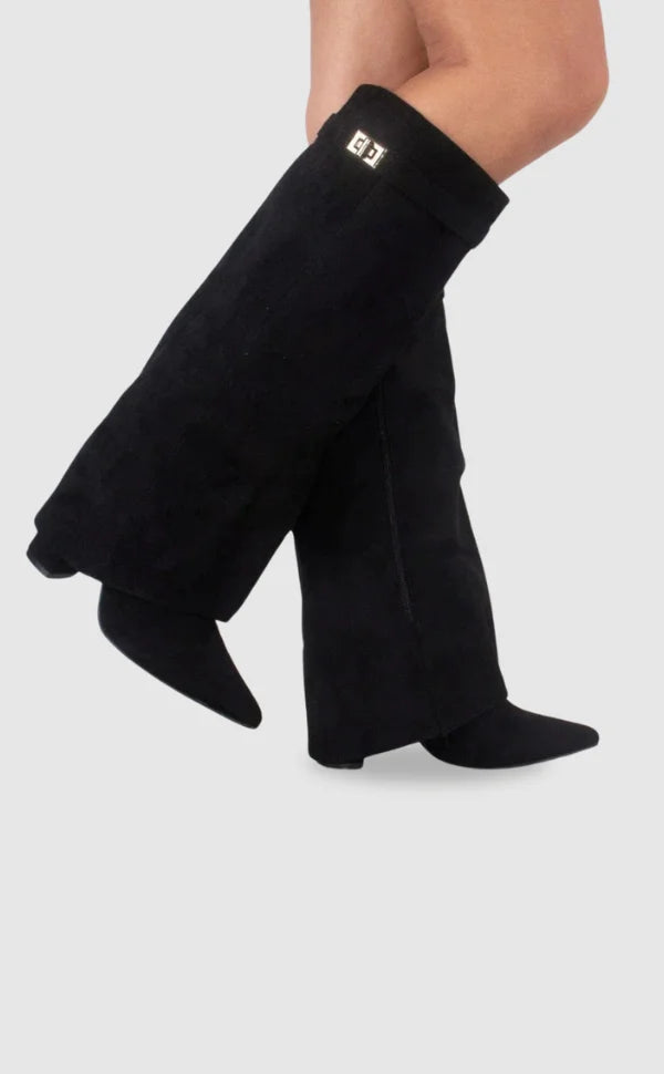 Bottes Hautes Femme – Daim, Détail Métallique Doré Talon Bloc