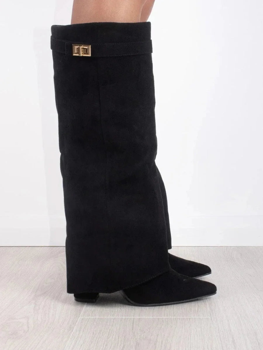 Bottes Hautes Femme – Daim, Détail Métallique Doré Talon Bloc