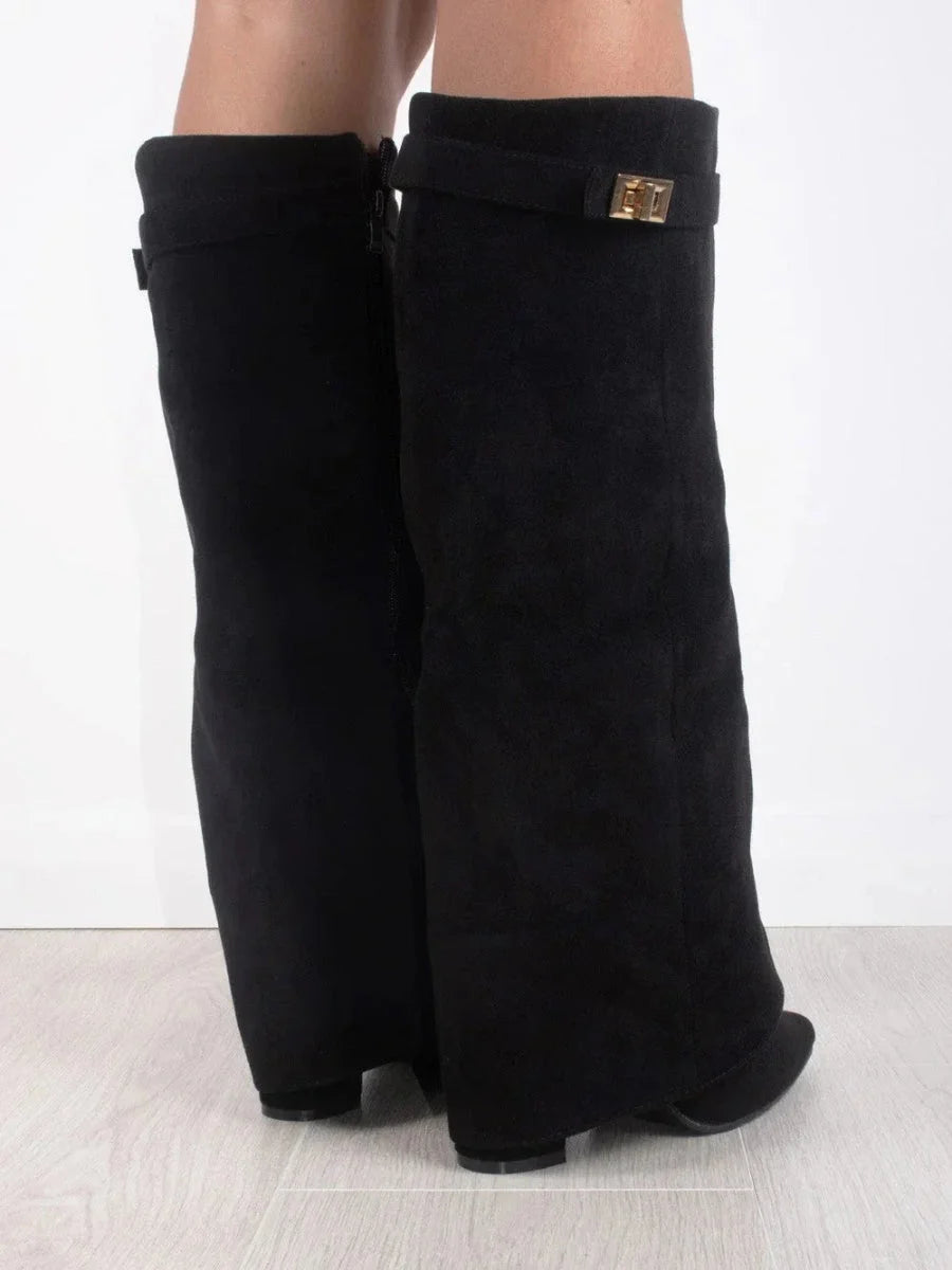 Bottes Hautes Femme – Daim, Détail Métallique Doré Talon Bloc