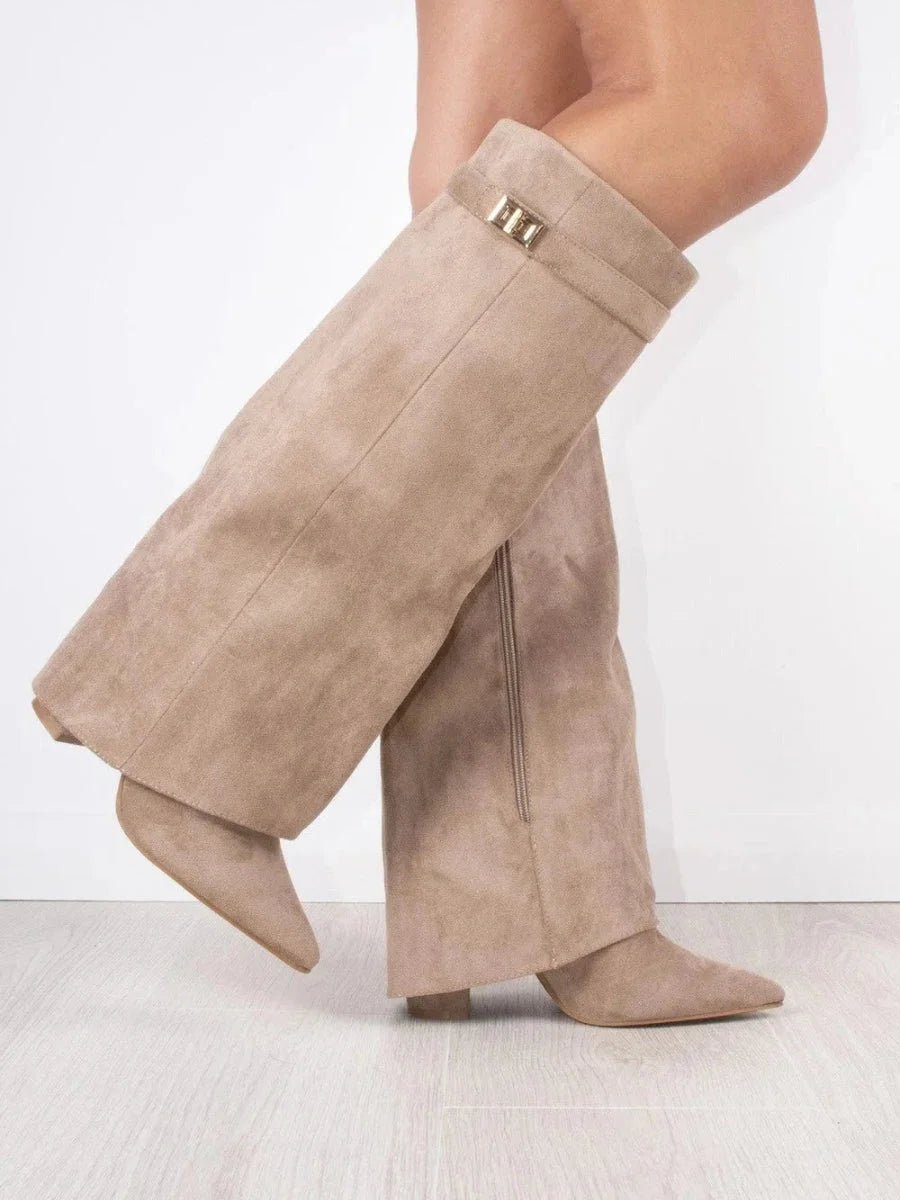 Bottes Hautes Femme – Daim, Détail Métallique Doré Talon Bloc