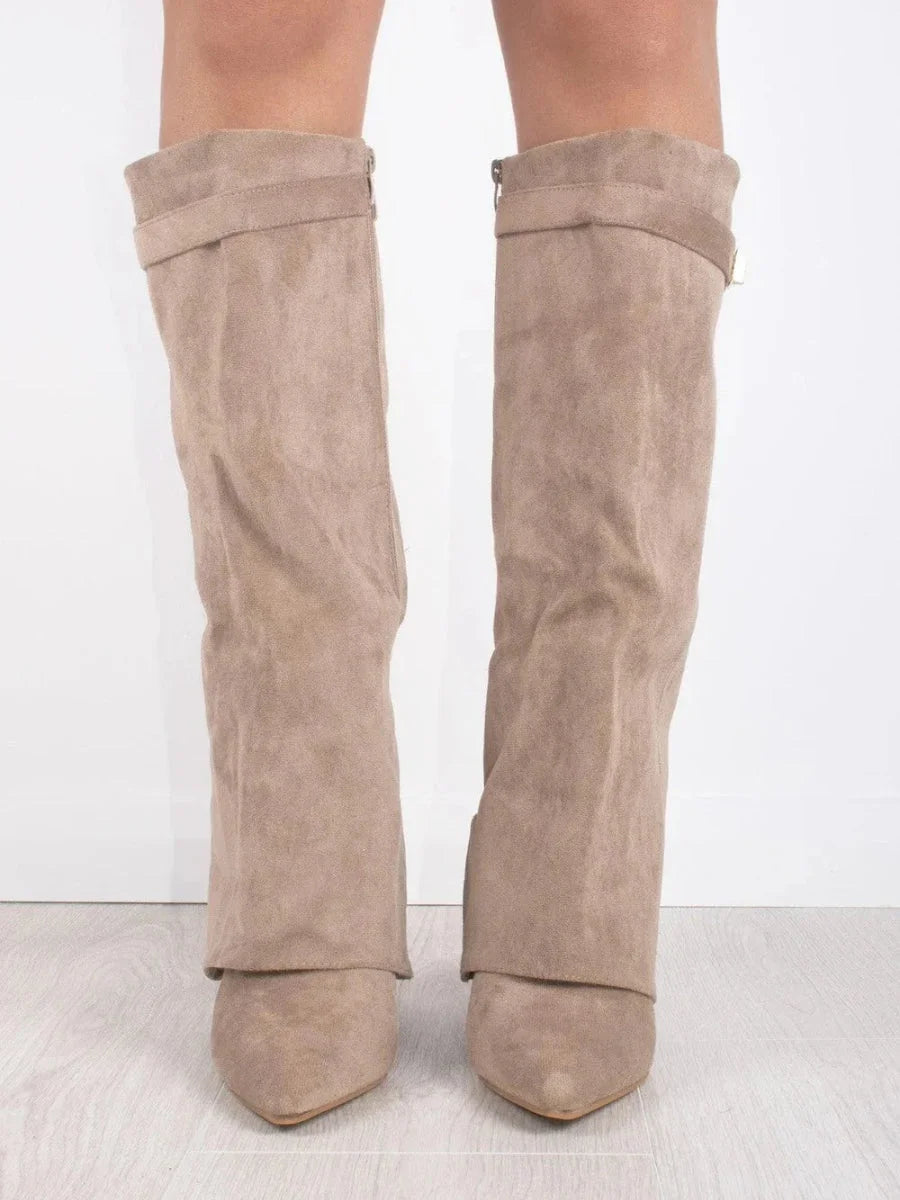 Bottes Hautes Femme – Daim, Détail Métallique Doré Talon Bloc