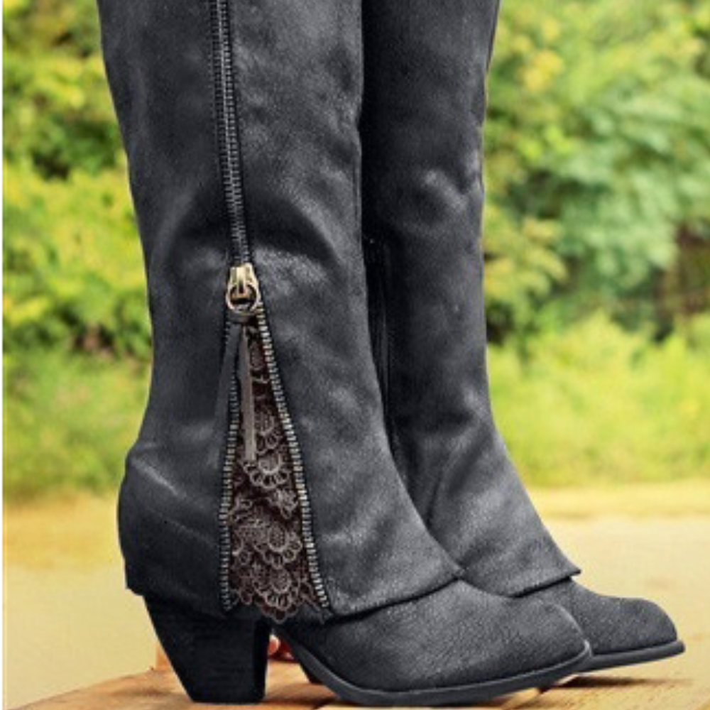 Bottes hautes femme dentelle et zip – noir