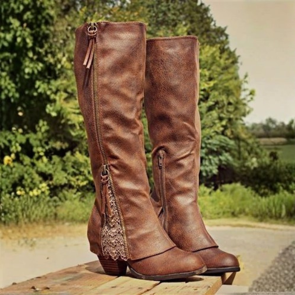 Bottes hautes femme dentelle et zip – marron