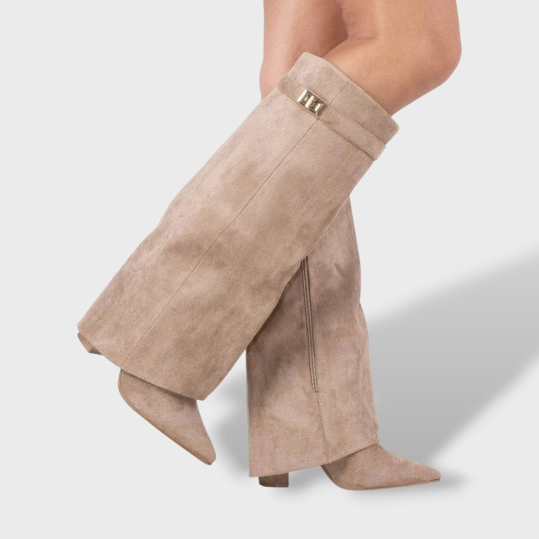 Bottes Hautes Femme – Détail Métallique Doré, Aspect Cuir