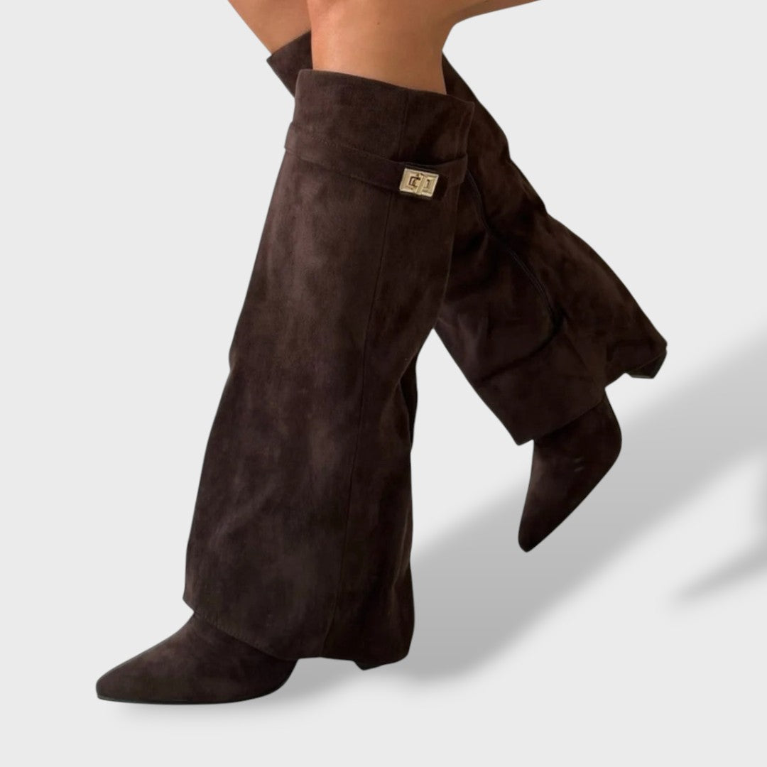 Bottes Hautes Femme – Détail Métallique Doré, Aspect Cuir