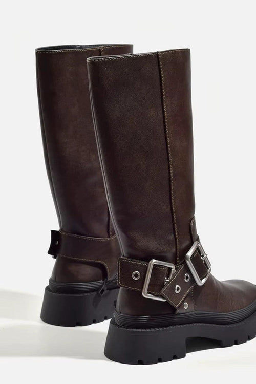 Bottes hautes femme style motard à boucle