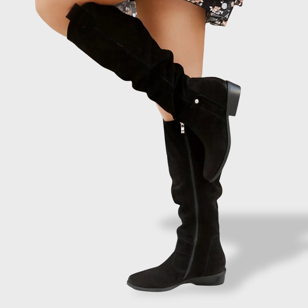 Bottes Hautes Femme – Plissées, Talon Bloc Stable