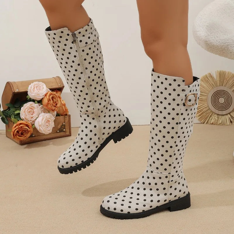 Bottes Hautes Femme – Pois Boucle Zip Talon Bas Bout Rond, Aspect Cuir