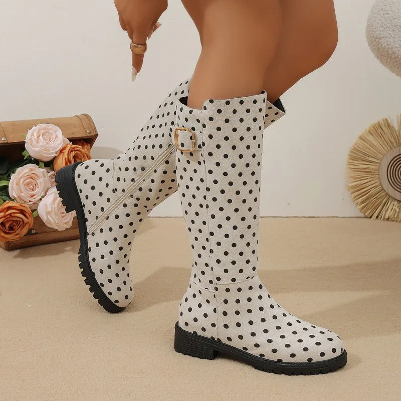 Bottes Hautes Femme – Pois Boucle Zip Talon Bas Bout Rond, Aspect Cuir