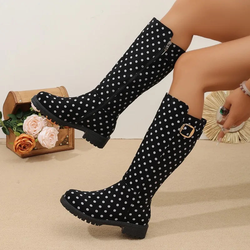 Bottes Hautes Femme – Pois Boucle Zip Talon Bas Bout Rond, Aspect Cuir