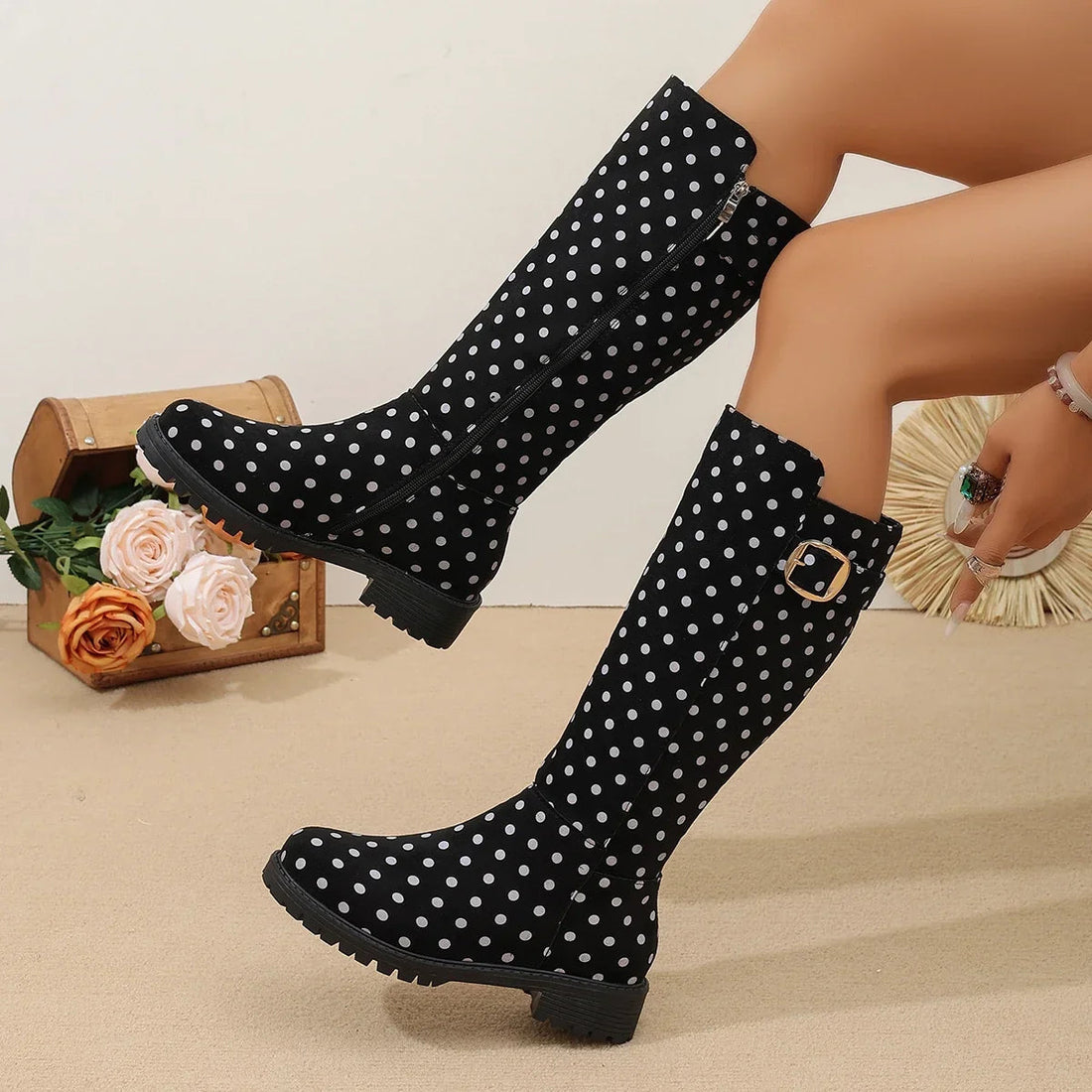 Bottes Hautes Femme – Pois Boucle Zip Talon Bas Bout Rond, Aspect Cuir