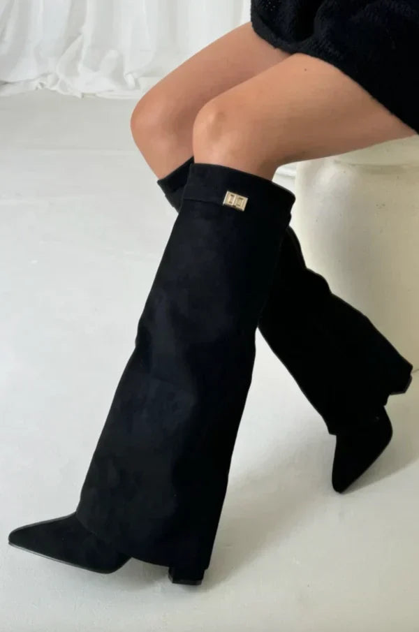 Bottes Hautes Femme à Talon – Détail Doré, Bout Effilé