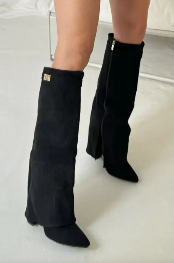 Bottes Hautes Femme à Talon – Détail Doré, Bout Effilé