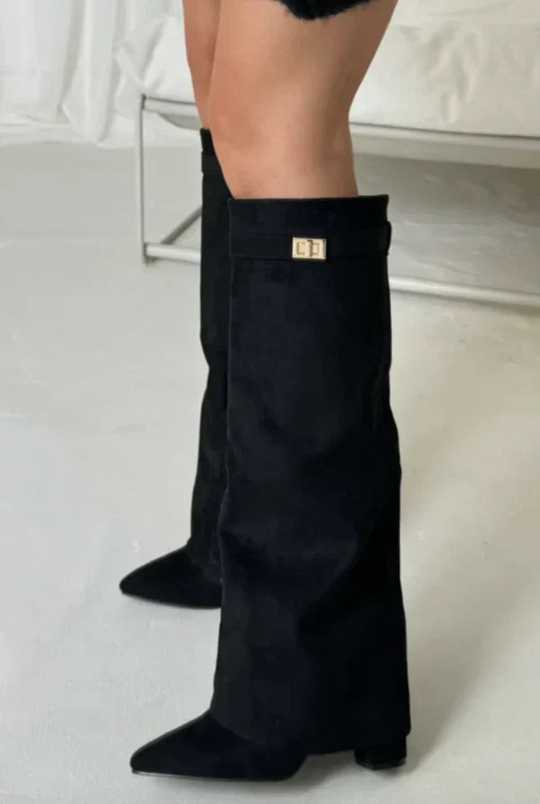 Bottes Hautes Femme à Talon – Détail Doré, Bout Effilé
