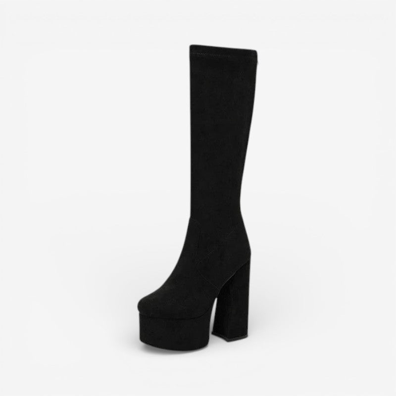 Bottes Hautes Femme – Talon Bloc Plateforme, Aspect Daim