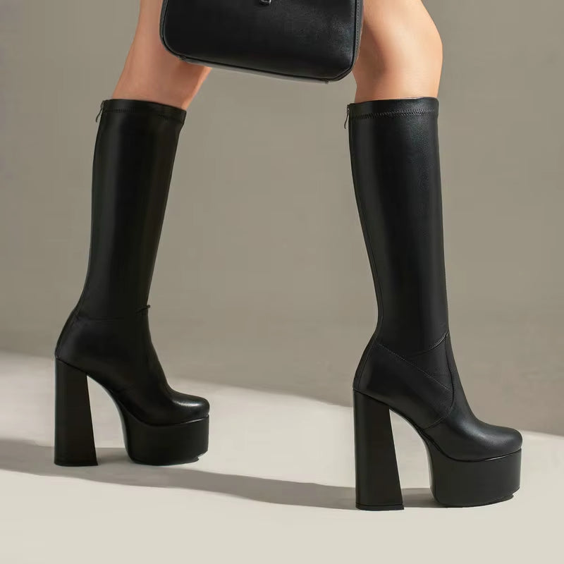 Bottes Hautes Femme – Talon Bloc Plateforme, Aspect Daim