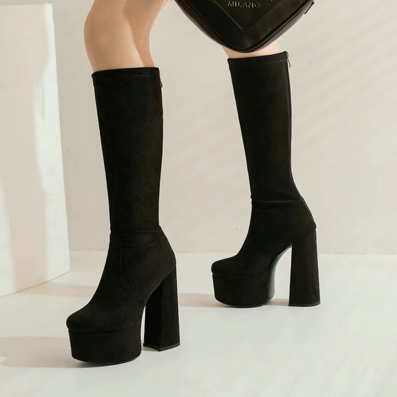 Bottes Hautes Femme – Talon Bloc Plateforme, Aspect Daim