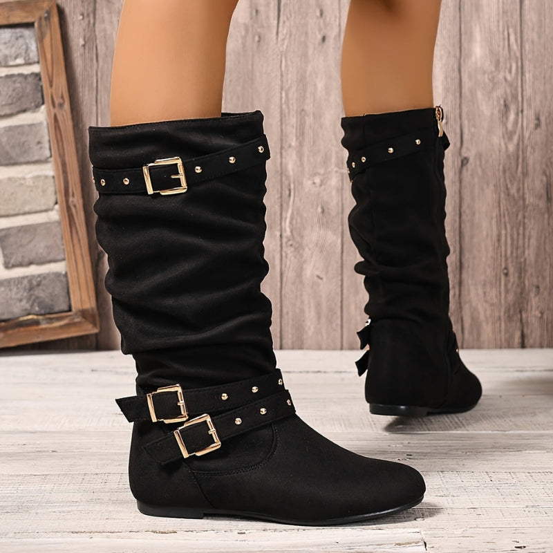 Bottes Mi-Mollet Femme – Lanières Cloutées, Tige Drapée