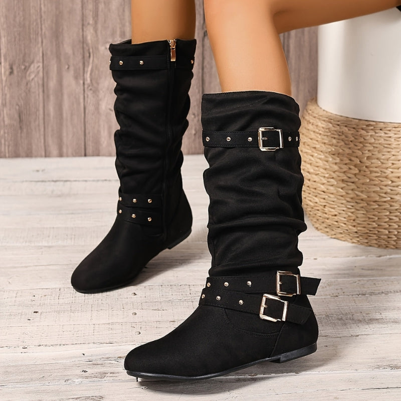 Bottes Mi-Mollet Femme – Lanières Cloutées, Tige Drapée