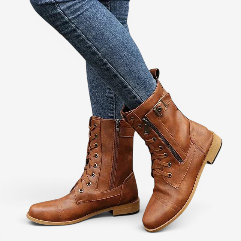 Bottines à Lacets Femme – Style Motard, Zip Latéral