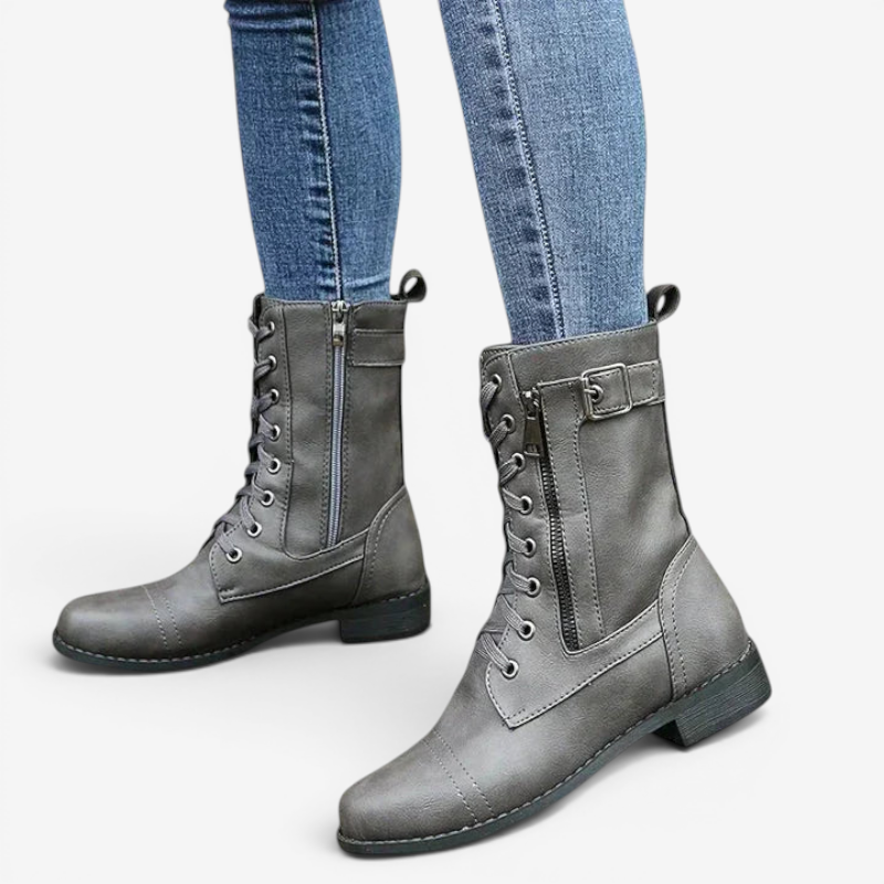 Bottines à Lacets Femme – Style Motard, Zip Latéral