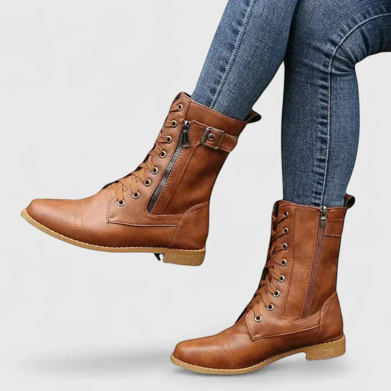 Bottines à Lacets Femme – Style Motard, Zip Latéral