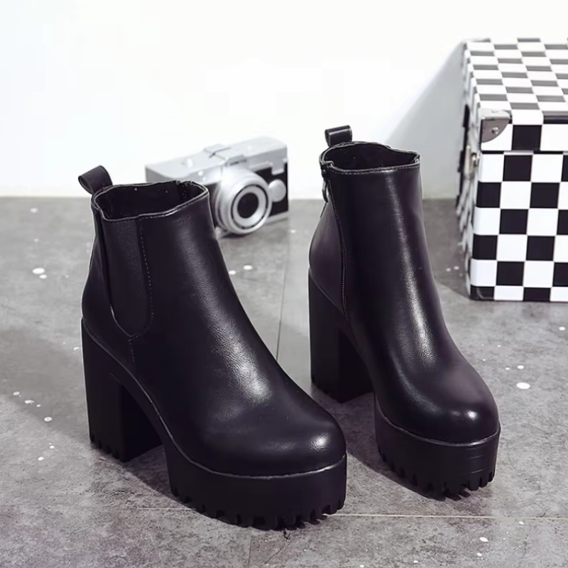 Bottines à Talon Bloc Femme – Style Chelsea, Semelle Crantée