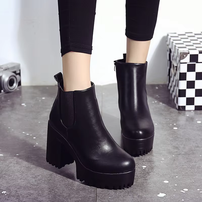 Bottines à Talon Bloc Femme – Style Chelsea, Semelle Crantée