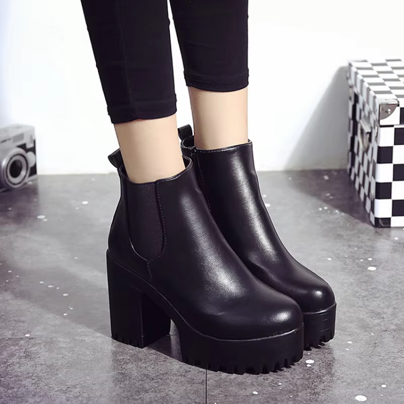 Bottines à Talon Bloc Femme – Style Chelsea, Semelle Crantée