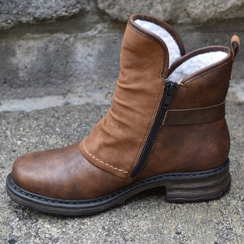 Bottines Femme – Aspect Cuir Fourrées Boucle Crantée, Talon Bloc