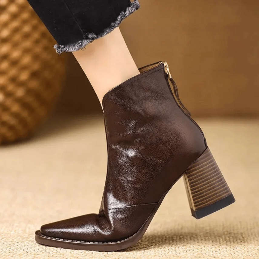 Bottines Femme – Aspect Cuir Talon Bloc Bout Carré, Fermeture Éclair