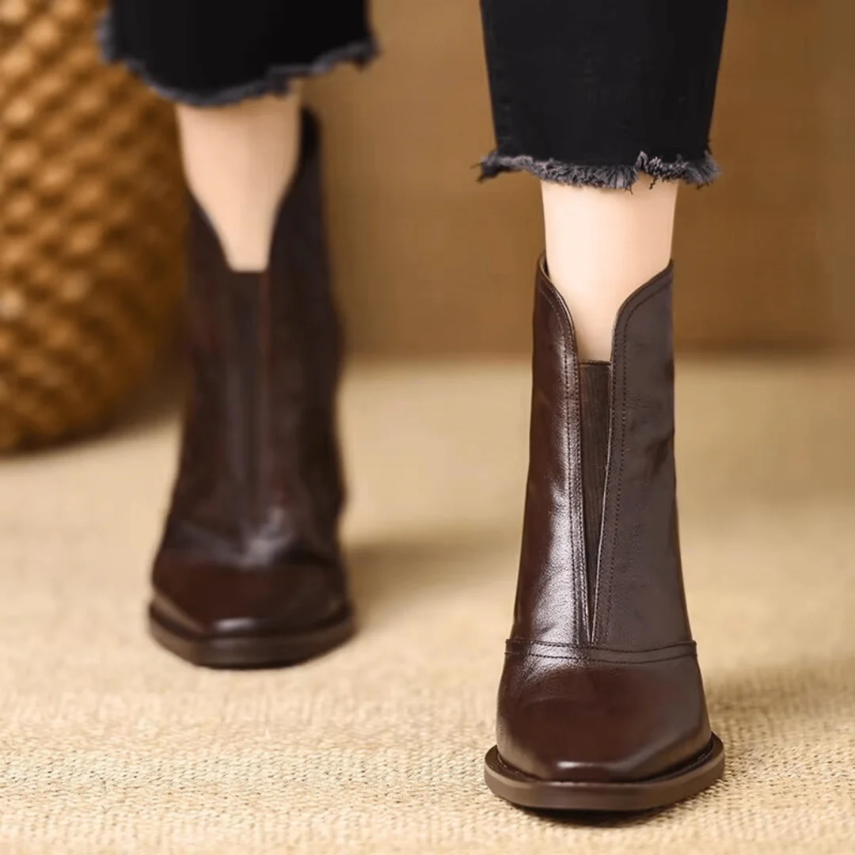Bottines Femme – Aspect Cuir Talon Bloc Bout Carré, Fermeture Éclair