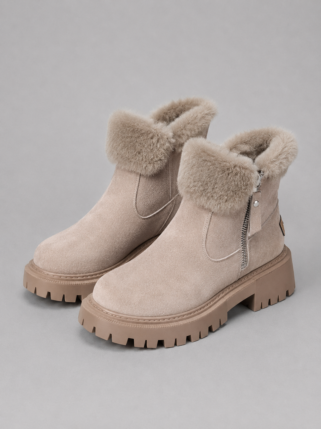 Bottines Femme – Aspect Daim Fourrure Chunky, Talon Bloc