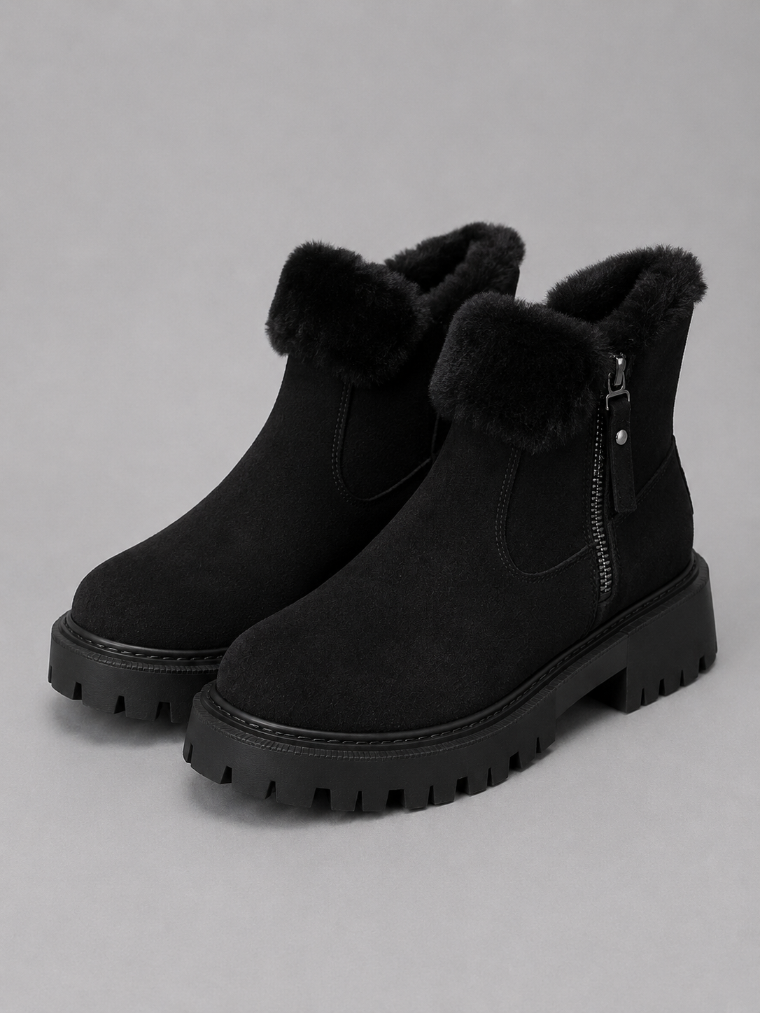 Bottines Femme – Aspect Daim Fourrure Chunky, Talon Bloc