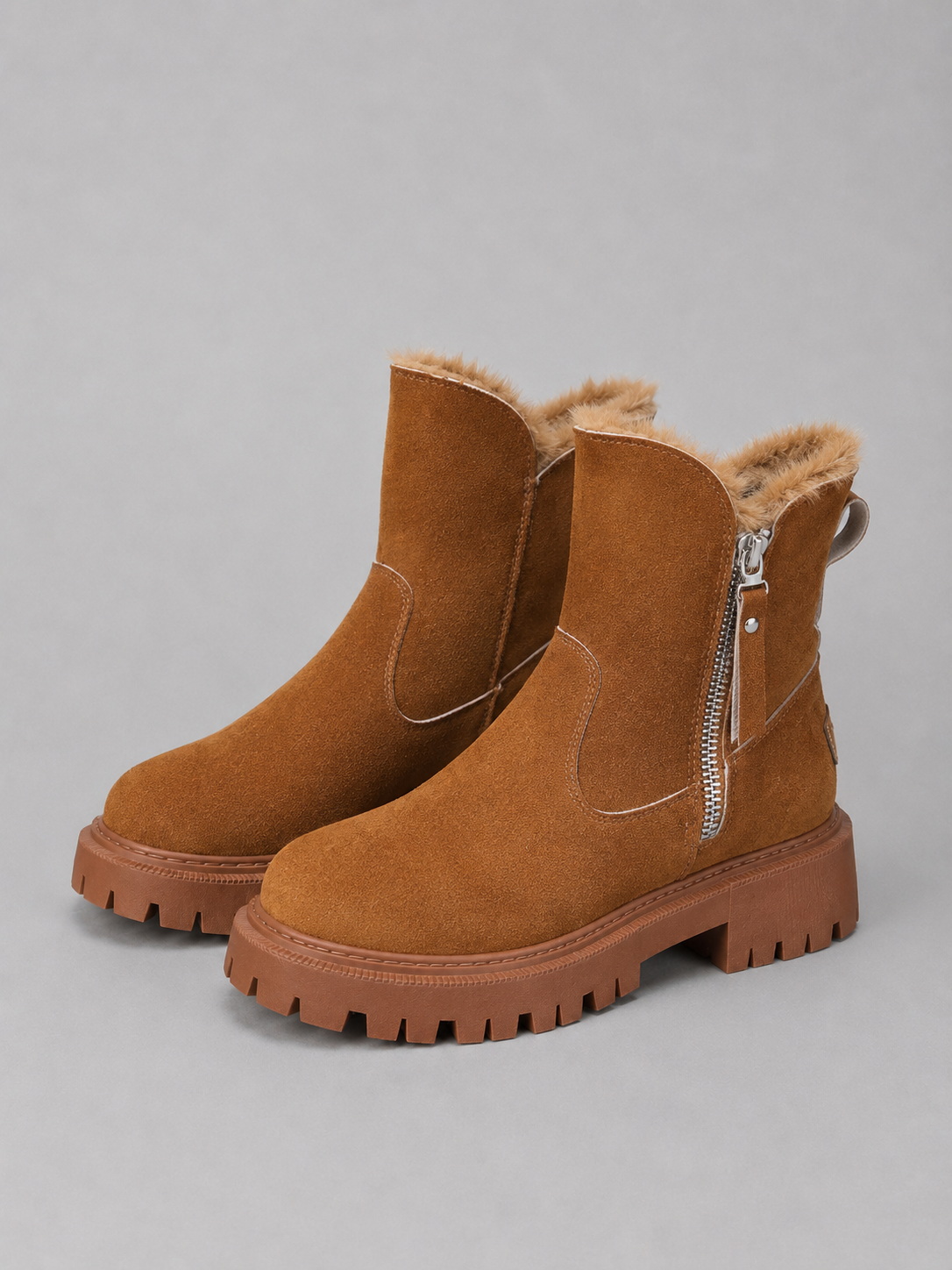 Bottines Femme – Aspect Daim Fourrure Chunky, Talon Bloc