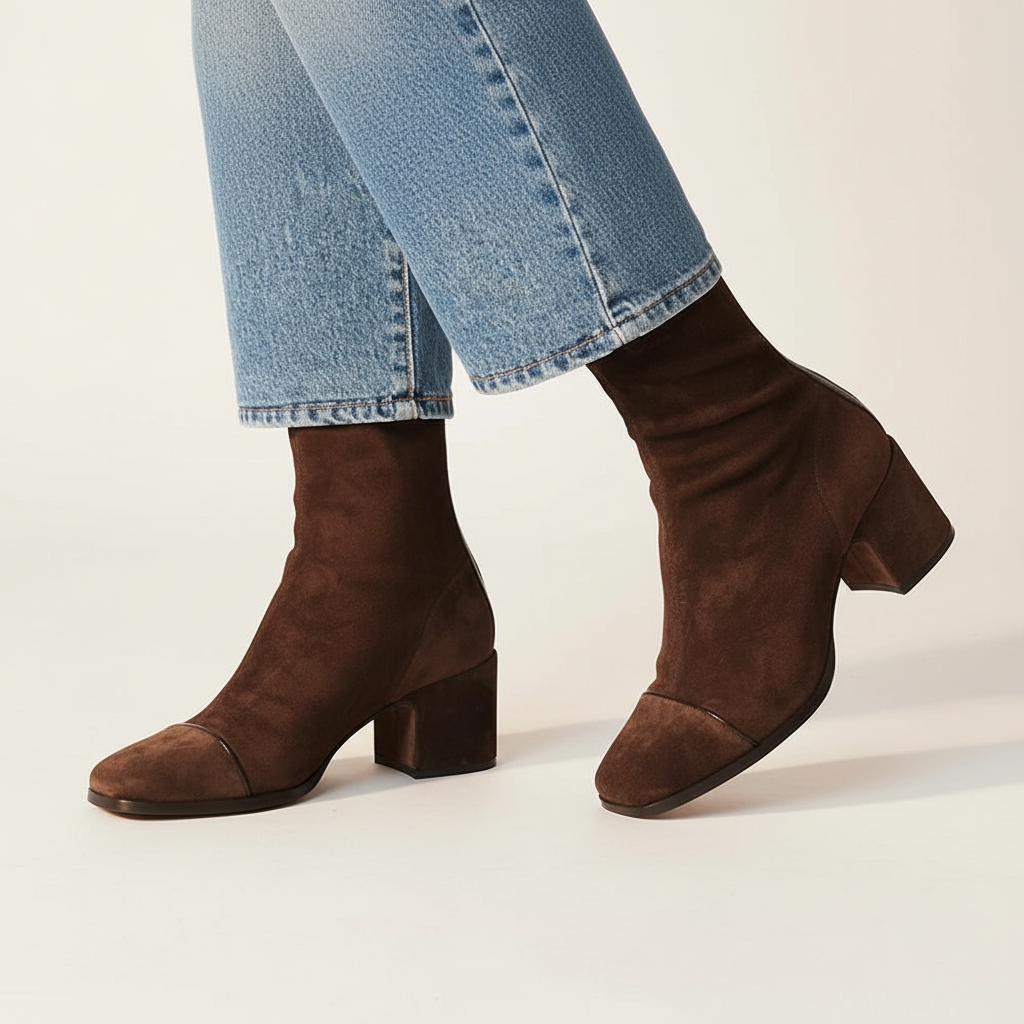 Bottines Femme Bout Carré – Aspect Daim, Talon Bloc