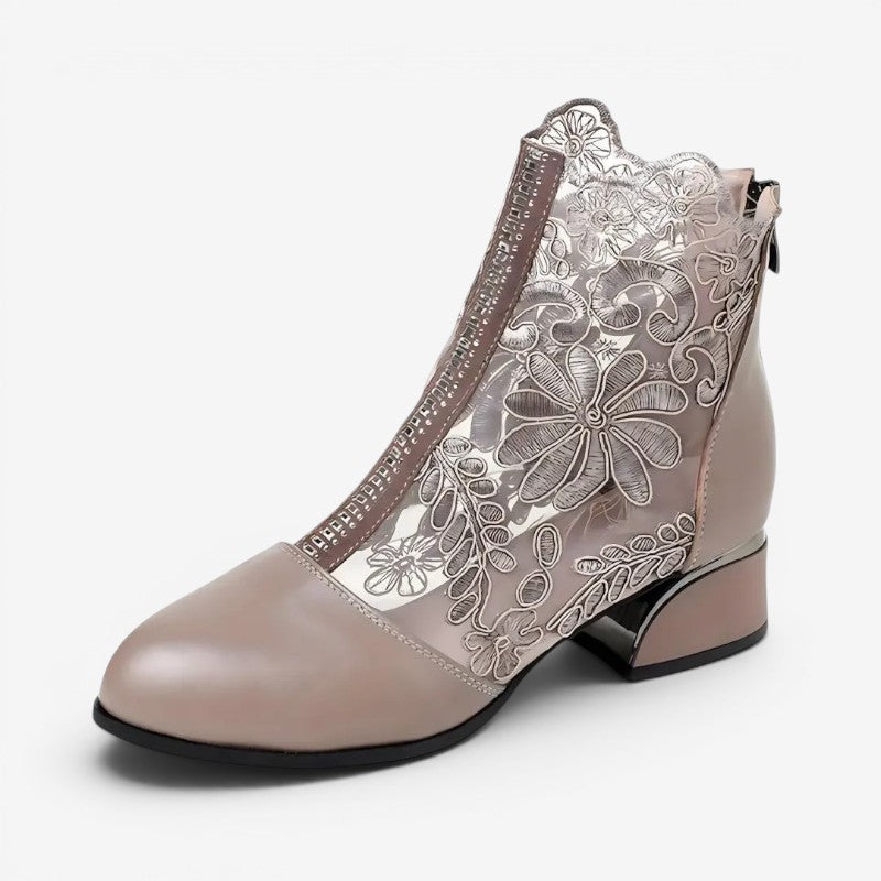 Bottines à Broderie Florale Femme – Bout Rond, Zip Arrière