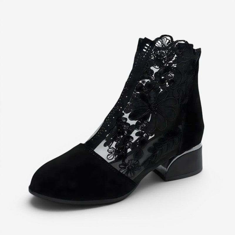 Bottines à Broderie Florale Femme – Bout Rond, Zip Arrière