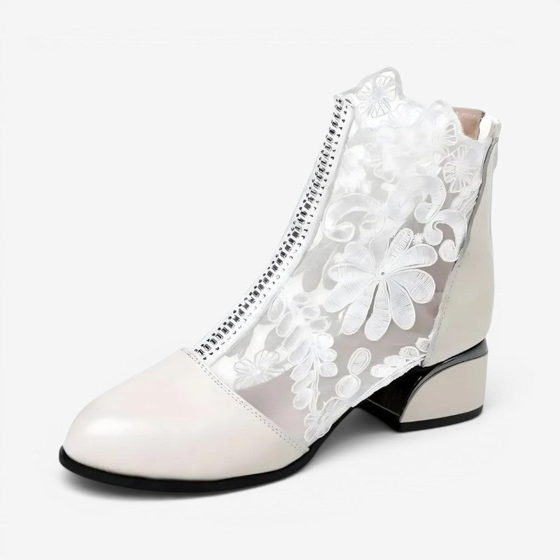Bottines à Broderie Florale Femme – Bout Rond, Zip Arrière