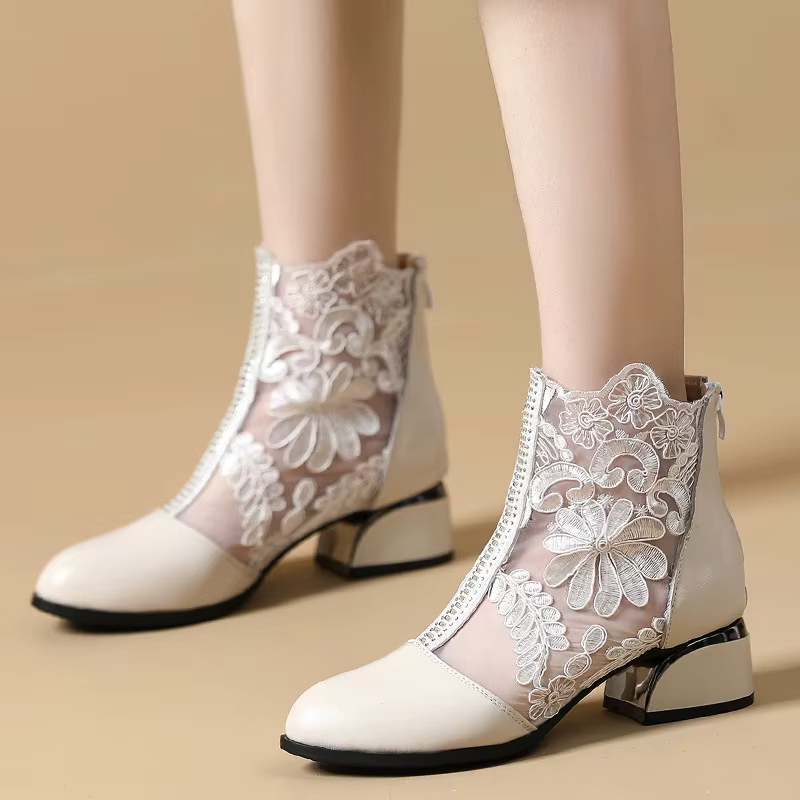 Bottines à Broderie Florale Femme – Bout Rond, Zip Arrière
