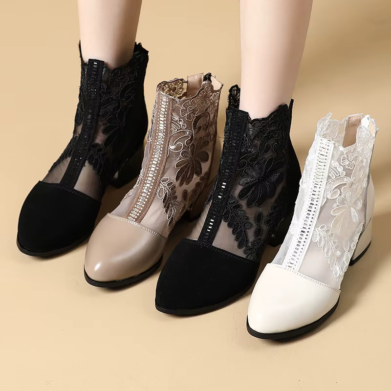 Bottines à Broderie Florale Femme – Bout Rond, Zip Arrière