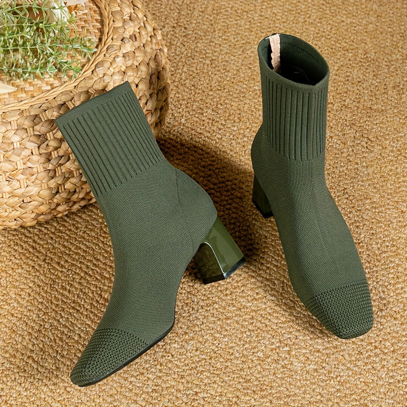 Bottines Femme – Chaussette Talon Bloc Bout Carré Maille, Fermeture Éclair