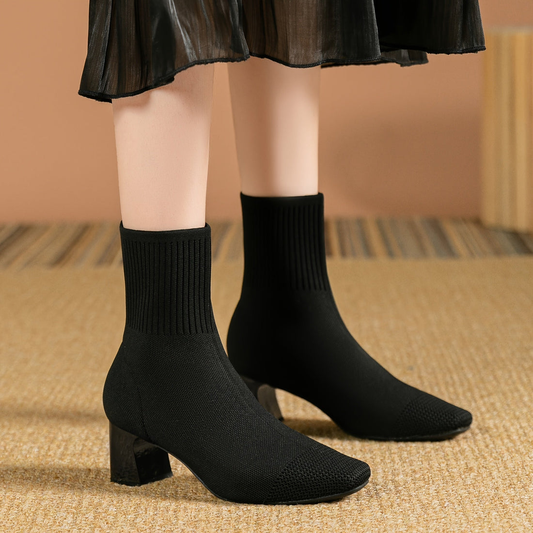 Bottines Femme – Chaussette Talon Bloc Bout Carré Maille, Fermeture Éclair