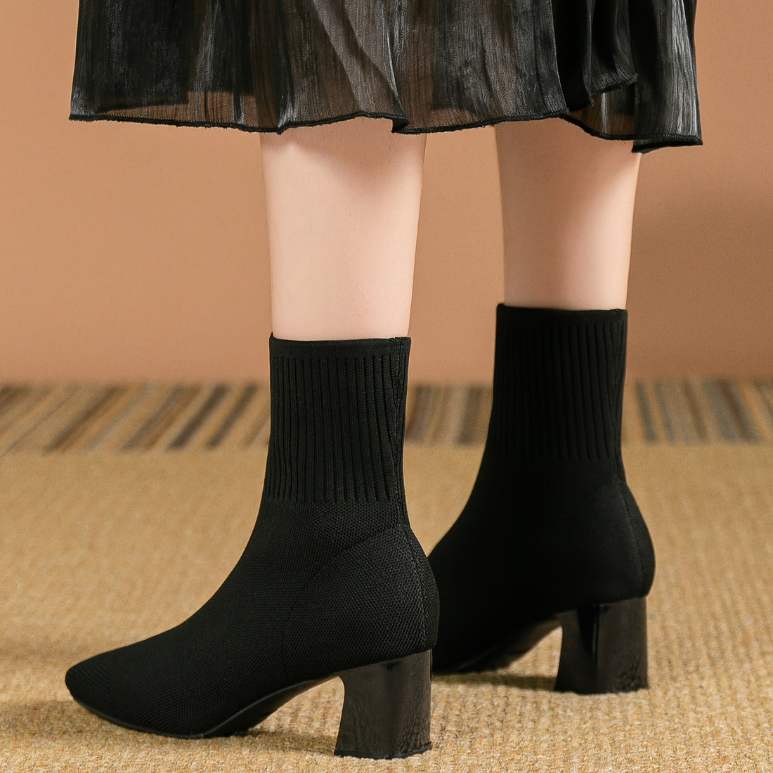 Bottines Femme – Chaussette Talon Bloc Bout Carré Maille, Fermeture Éclair