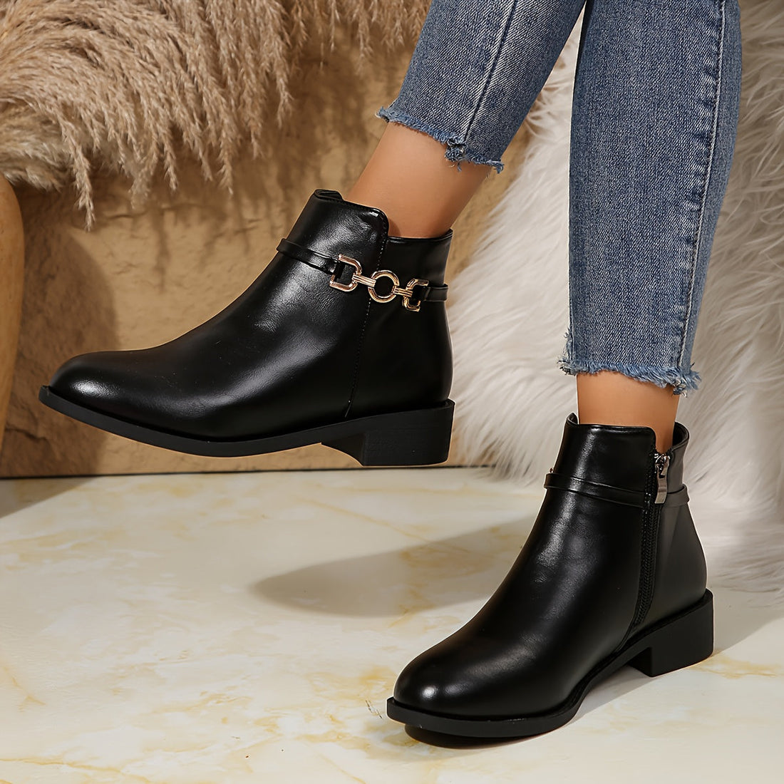 Bottines Femme – Chelsea Chaîne Dorée Talon Bloc Fermeture Zippée Bout Rond, Fermeture Éclair