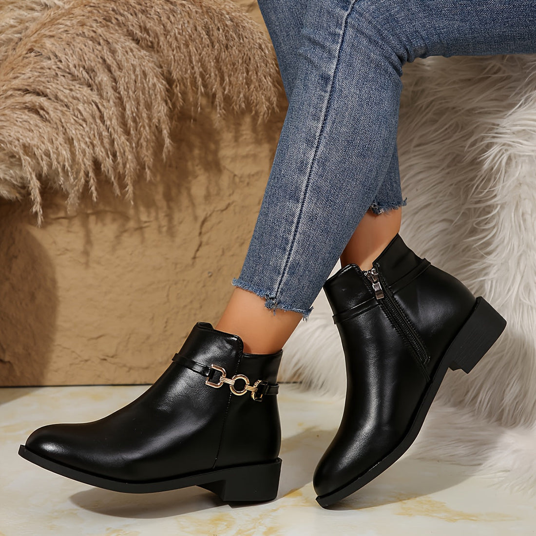 Bottines Femme – Chelsea Chaîne Dorée Talon Bloc Fermeture Zippée Bout Rond, Fermeture Éclair