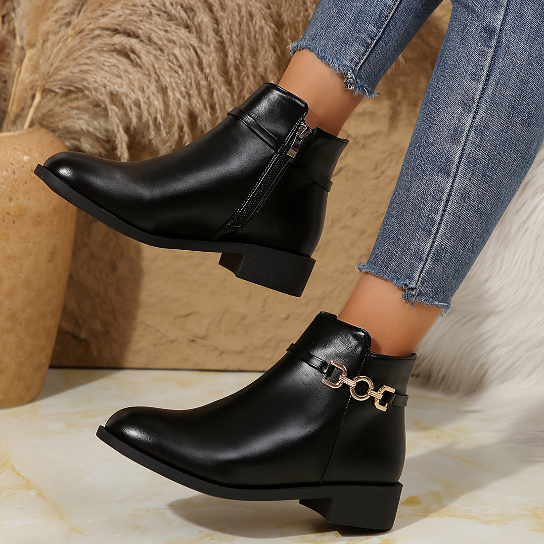 Bottines Femme – Chelsea Chaîne Dorée Talon Bloc Fermeture Zippée Bout Rond, Fermeture Éclair